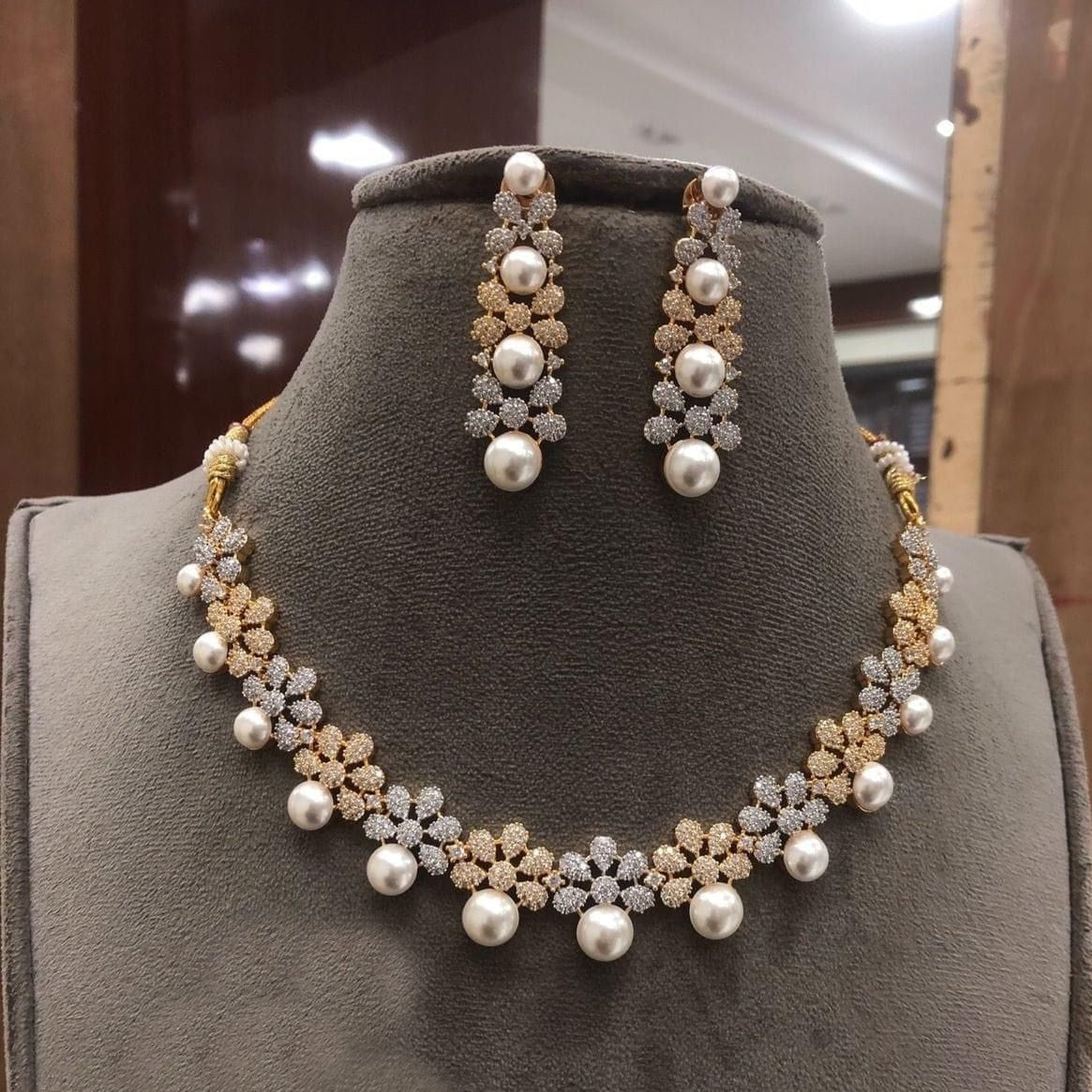 American Diamonds Cubic & Pearl Necklace Set - RS ZEVARS