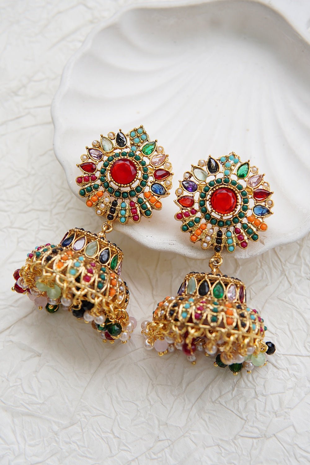 Ethnic Jhumkay with Sparkling Crystal Latkans - RS ZEVARS