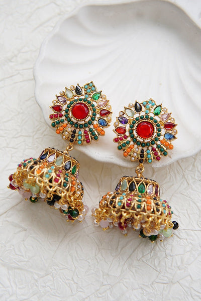 Ethnic Jhumkay with Sparkling Crystal Latkans - RS ZEVARS