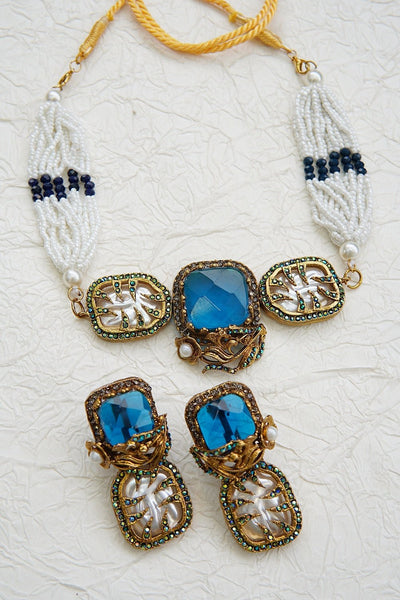 Turkish Gemstone & Pearl Chick Patti Choker Set - RS ZEVARS